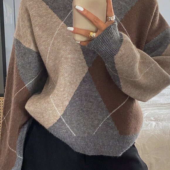 Brown Casual Women's Plaid Loose Long Sleeve Crew Neck Sweater - Picture 5 of 7